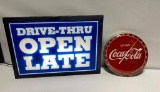 Coca-Cola Thermometer and Drive Thru Open Late Lighted Sign, Works Good