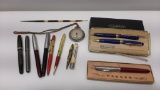 Lot of Fountain Pens, Quill and Westclox Scotty Pocket Watch, Advertising Pens, 12 Pieces