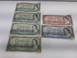 Lot of 6 Canadian One, Two and Five Dollar Bills from 1954