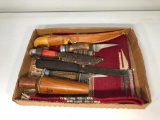 Box of Vintage Knives, Duck Call and Horse Blanket