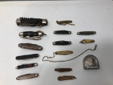 14 Vintage Pocket Knives and Old Tape Measure