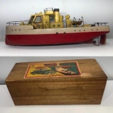 Antique Solid Model / Education Model Toy Metal Ship in Original Wooden Box w/ Great Graphics