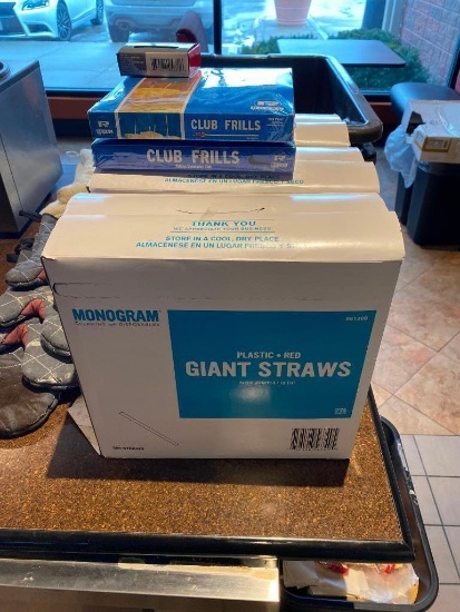 3 Boxes of Straws, 2 Boxes of Club Frills, Toothpicks (2 Full Boxes of Straws, 1 Sealed Club Frill)