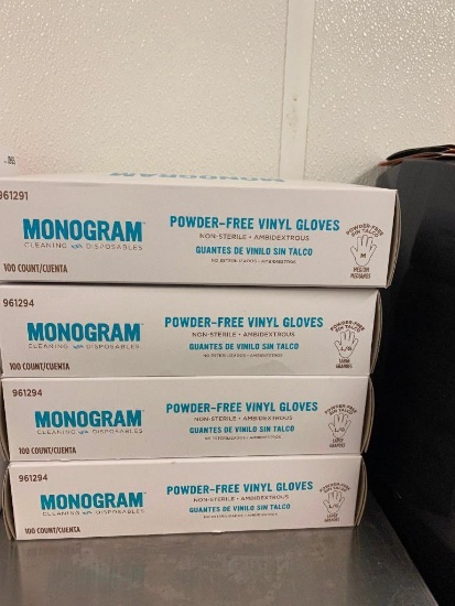 Four Sealed Cases of Monogram Powder-Free Vinyl Gloves, Size L/G & Med.