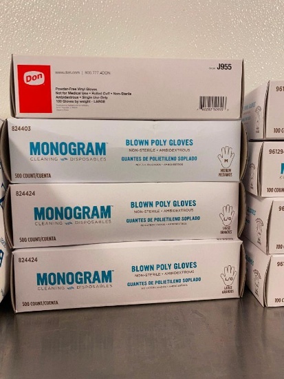 Three Sealed Cases of Monogram Blown Poly Gloves, 1 Case of DON Vinyl Gloves, Size Med, L/G