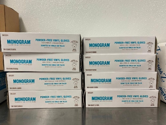 Eight Sealed Cases of Monogram Powder-Free Vinyl Gloves, Size Medium