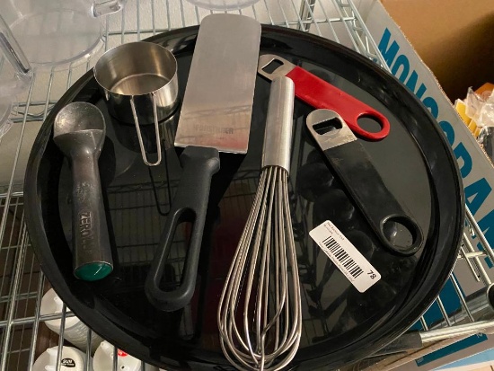 Tray of Utensils, Spatula, Scoop, Bottle Openers, Whisk, 1 Cup Measuring Cup