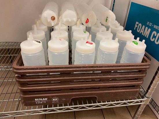 Lot of 24 - 24oz Reusable Plastic Squeeze Bottles, Lids and Dishwasher Rack Carrier