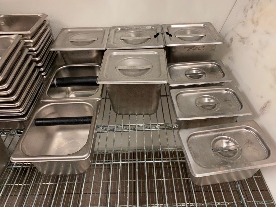Lot of 7 Steam Pans w/ Lids & 2 Custom 1/6 Size Steam Pans w/ Handles, 1/9th, 1/6th Sizes