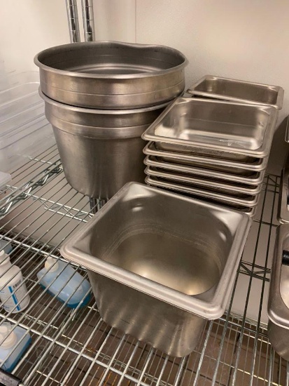 Lot of 21 Steam Pans (no lids), 2 - Soup Inserts, 19 1/6th Size, 1 - 6in Deep, 18 - 2in Deep