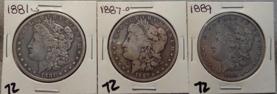1881 S, 1887 O, 1889 Morgan Silver Dollars