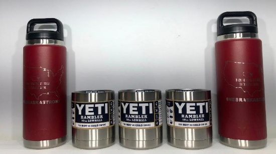 (5) Two Yeti 26oz LE Nebraska Strong Red Bottles, Three Yeti Rambler Lowball Stainless Steel