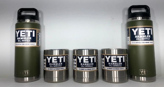 (5) Two Yeti 26oz Rambler Bottle Olive Green, Three Yeti Rambler Lowball Stainless Steel