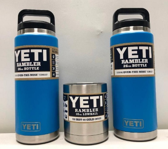 (2) Two Yeti Rambler 26oz Bottles Tahoe Blue, Yeti Rambler 10z Lowball Stainless Steel