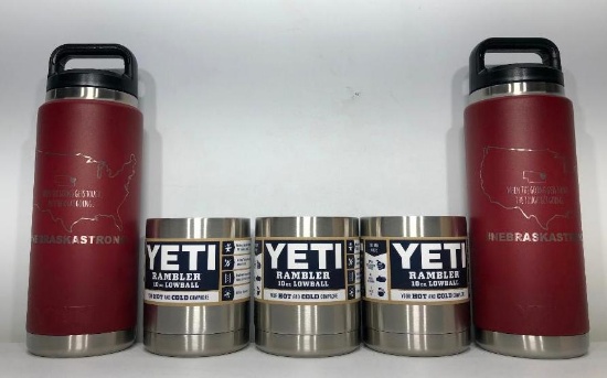 (5) Three Yeti Rambler 10oz Lowball Stainless Steel, Two Yeti Rambler 26oz Bottle LE