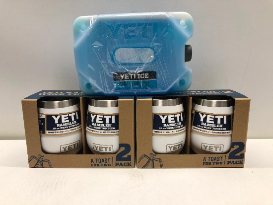 Lot of 3- 2 Two Pack White Yeti Wine Tumblers, and 2 Two Pound Resuable Ice Pack