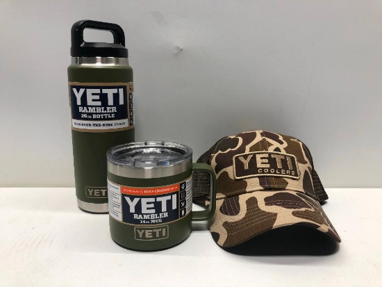 Lot of 3- Camo Yeti Hat, 26oz Olive Green Rambler Bottle, 14 oz Yeti Olive Green Mug