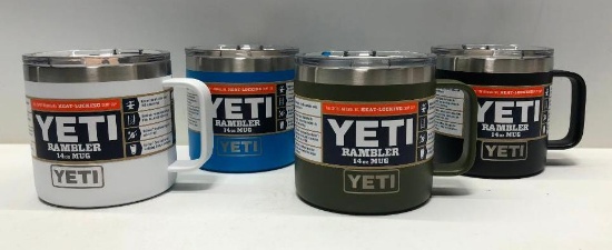 Lot of 4- 14 oz Yeti Mugs, White, Olive Green, Black, and Reef Blue MSRP $100.00