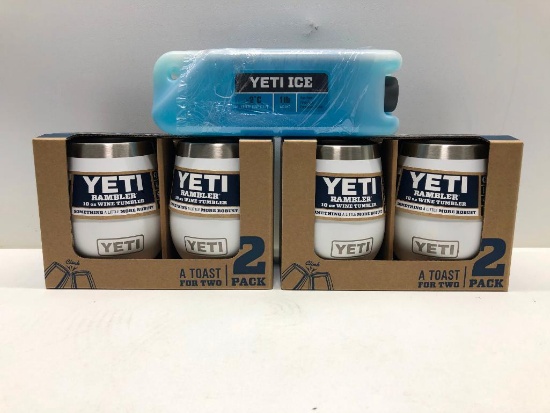 Lot of 3- 2 Two Pack White Yeti Tumblers, and 2 Pack 1 Pound Yeti Ice MSRP $125.00