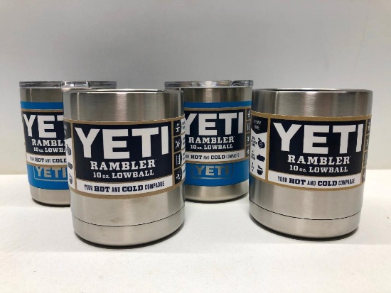 Lot of 4- 2 Tahoe Blue Yeti 10 oz Lowballs with Lids, 2 Silver 10oz Yeti Lowball no Lid MSRP $ 80.00