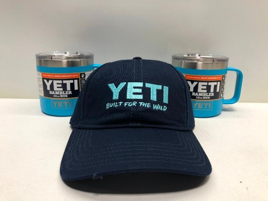 Lot of 3 - 2 Yeti Reef Blue Mugs, and 1 Navy Yeti Hat MSRP $60.00