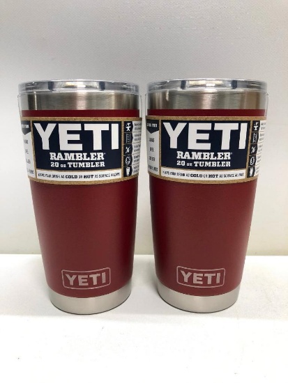 Lot of 2- 2 20 oz Brick Red Yeti Ramblers with Mag Slide Lids MSRP $60.00