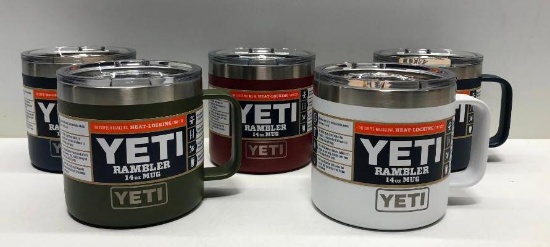 Lot of 5- 5 14 0z Yeti Rambler Mugs, Navy, White, Olive Green, and Brick Red MSRP $ 150.00