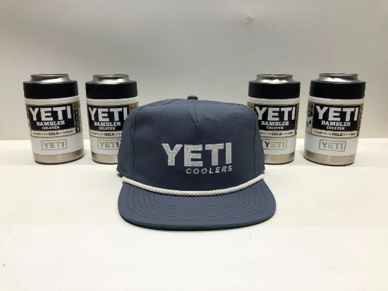 Lot of 5- Yeti Gray Hat, 4 Yeti White Colsters MSRP $125.00