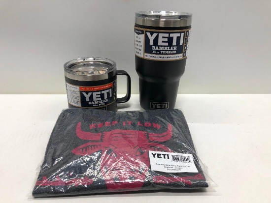Lot of 3- X-Large Yeti T-Shirt, Black 30 oz Yeti Tumbler with Mag Slide Lid, Black 14 oz Yeti Mug