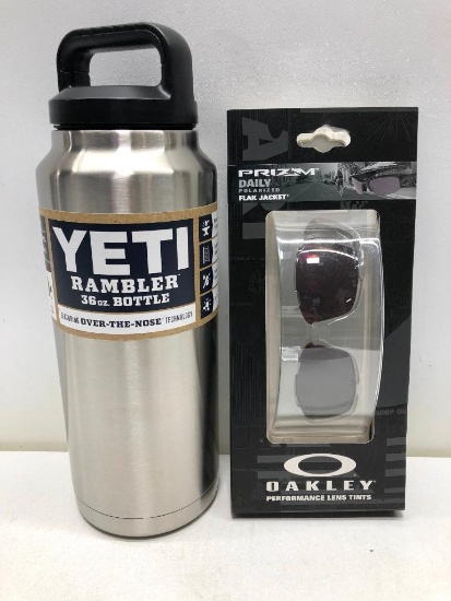 (2) Yeti Rambler 36oz Bottle Stainless Steel, Oakley Prizm Daily Polarized Flak Jacket