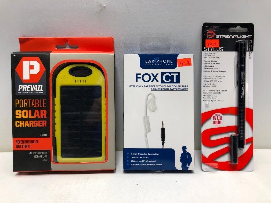 (3) EarPhone Connection FoxCT MSRP: $42.99, Streamlight Stylus MSRP: $25.99, Prevail