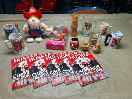 Misc. Husker Memorabilia Beer Mugs, Coloring Books, Doll, Herbie Husker Doll