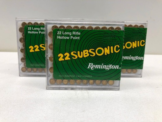 Lot of 3 Boxes Remington SubSonic 22 Long Rifle Hollow Point Ammo - 300 Rounds