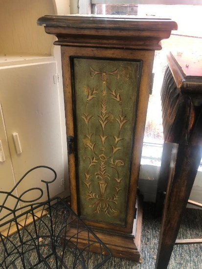 Wooden Plant Stand with Cabinet and Painted Design with Damage on Top See Photos for Details