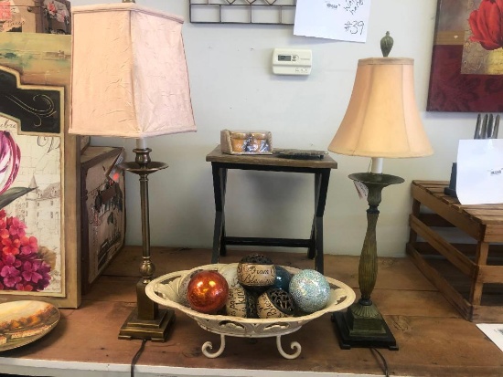 (11) Eight Assorted Table Decorative Balls, Two Assorted Lamps See Photos for Details
