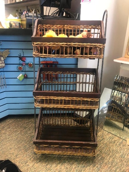 (9) Tiered Wicker and Wood Stand, Eight Fuzzy Friends