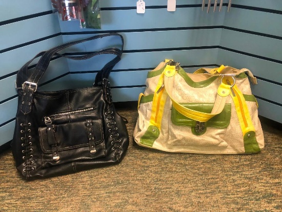 (2) Black Purse with Studs, Alligator Style Yellow and Green Purse See Photos for Details