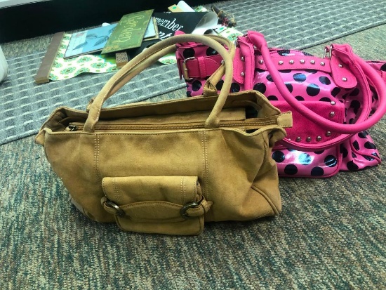 (2) Pink Polka Dotted Purse, Suede Brown Purse See Photos for Details