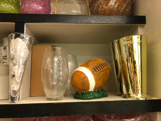 (7) Four Glass Vases, Football Vase, Two Plastic Vases