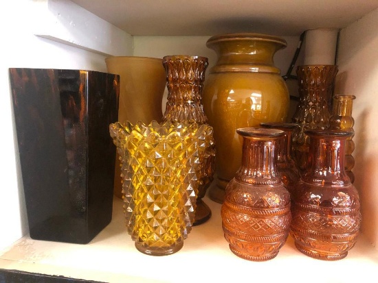 (10) Ten Assorted Amber Glass Vases See Photos for Details