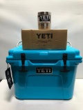 Yeti Roadie Reef Blue Hard Side Cooler And A Case Of 6 Stainless Steel 10 oz Lowballs With No Lids