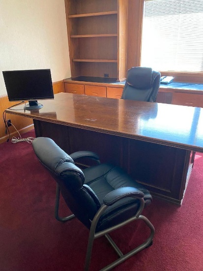 Executives Desk w/ Office Chair, Monitor, Chair 84in x 40in x 30in & Wood Lateral File Cabinet