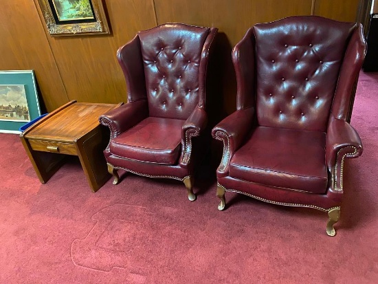 Two (2) Executive Leather Chairs, Wooden Side Table