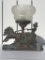 Vintage Pot Metal Desk Lamp w/ Glass Glove, Figural Woman & Team of Horses