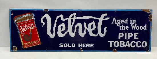 Velvet Pipe Tobacco Porcelain Sign, 39in x 12in, Very Good Condition, All Original