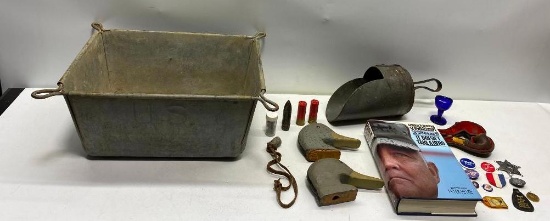 Militaria: Military Galvanized Tote, U.S. Calvary Pins, Buttons, Supplies, RR Scoop, Eye Wash Glass