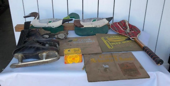 Random Lot of Raquets, Ice Skates, Wooden Decoys, Reel Box