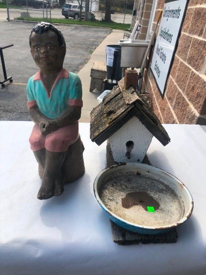 Old Primitive Bird House and Concrete Fishing Boy (Has Damage)