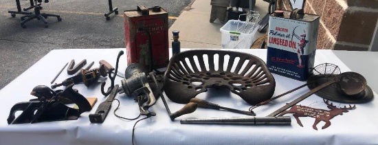 Oil Cans, Cast Iron Implement Seat w/ Damage, Misc. Old Tools