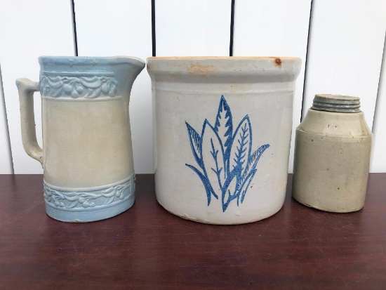 Blue and White Stoneware Pitcher, Crock, Stoneware Mason Jar w/ Zinc Lid